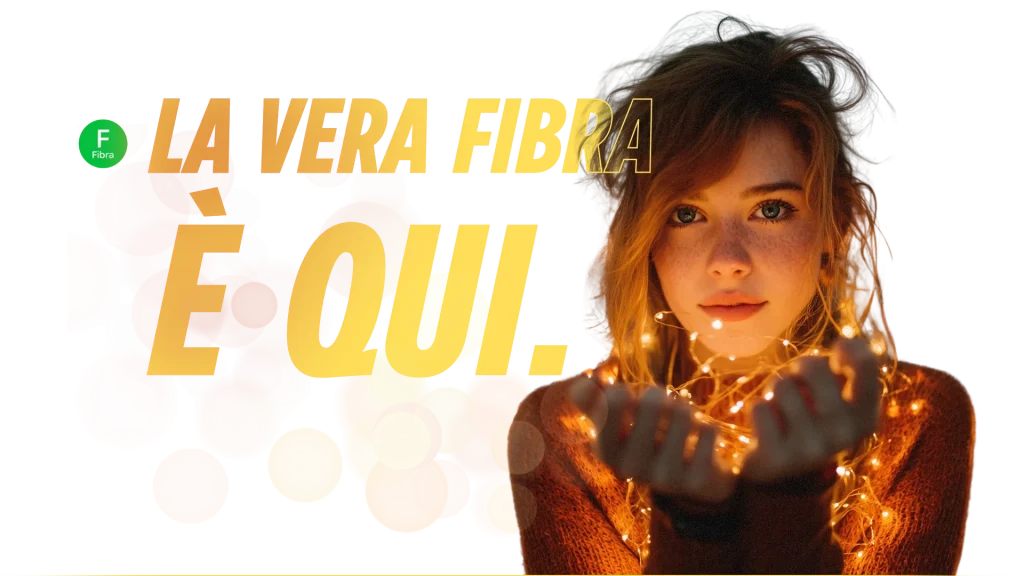 Una donna tiene in mano delle luci decorative e annuncia che "la vera fibra ottica è qui".