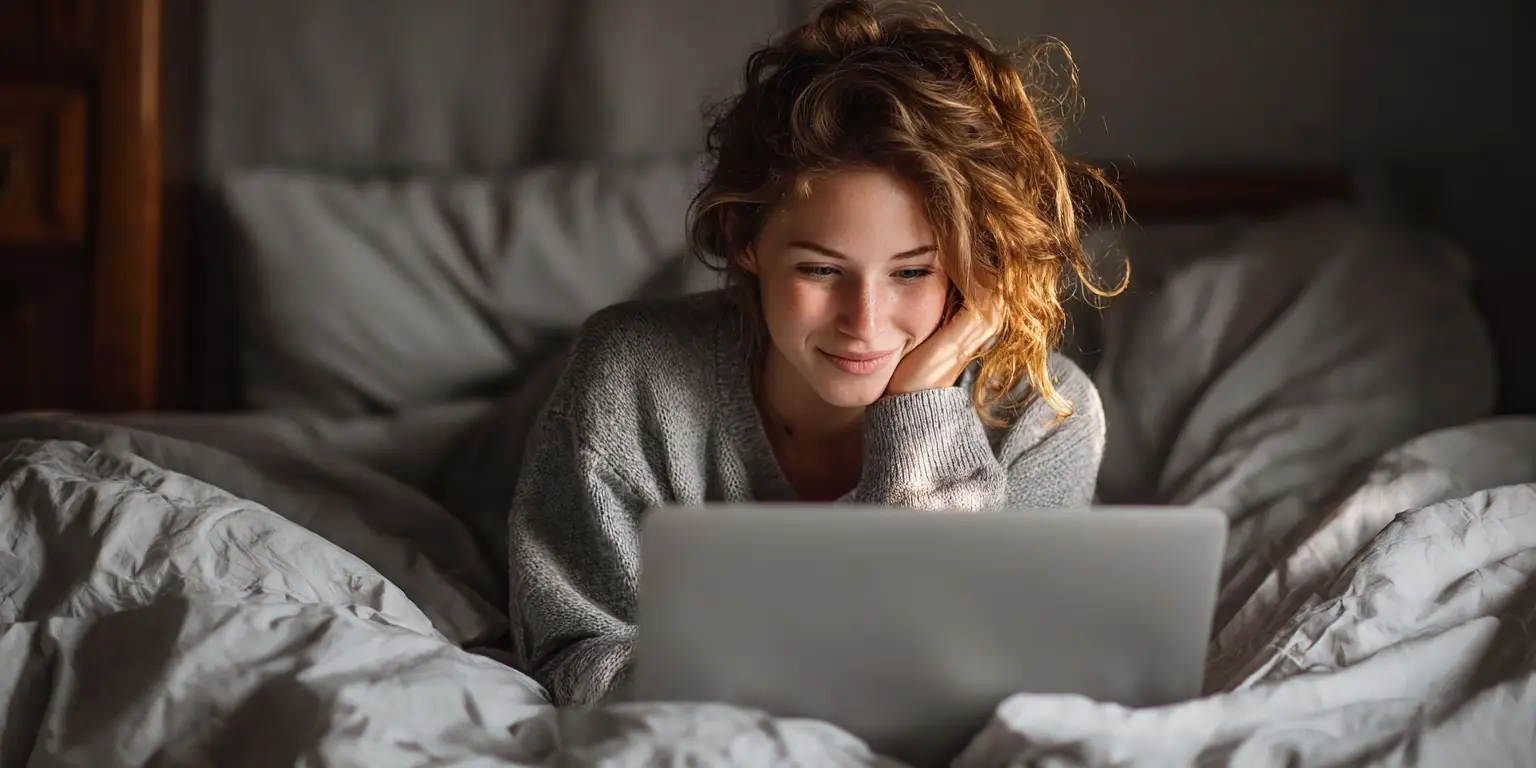 Una ragazza naviga dal letto con il portatile