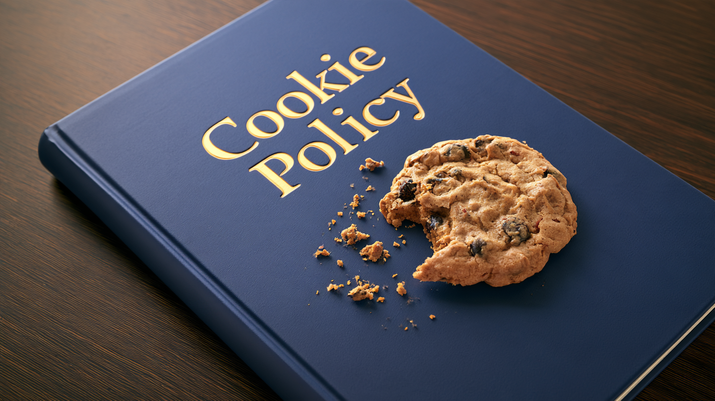 Un libro blu su un tavolo di legno, il libro ha la dicitura "cookie policy" scritta con caratteri dorati. Sul libro è presente un biscotto mangiato per metà, con le briciole sparse sulla copertina.