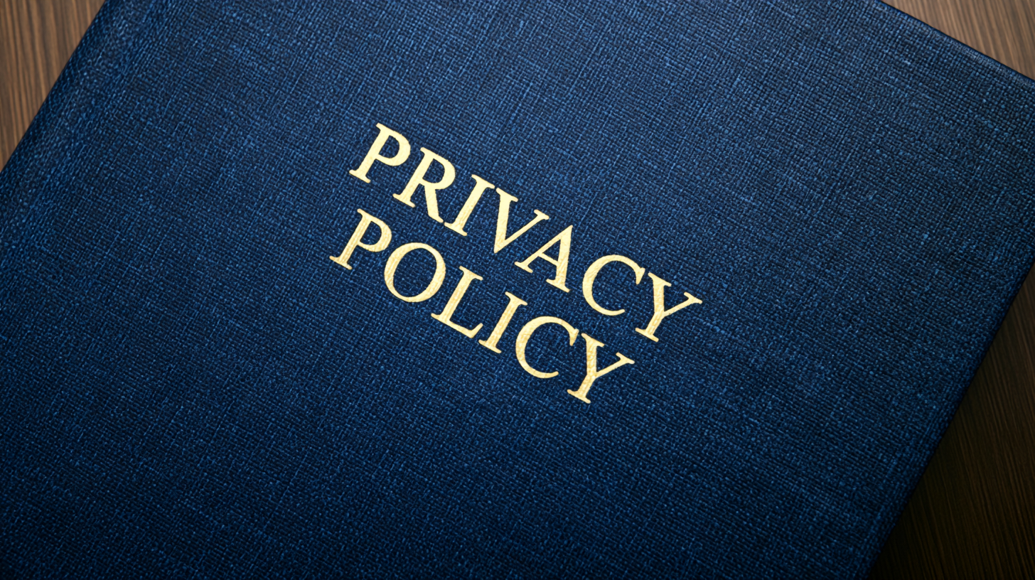 Un libro blu con copertina rigida con su scritto "Privacy Policy" in caratteri dorati.